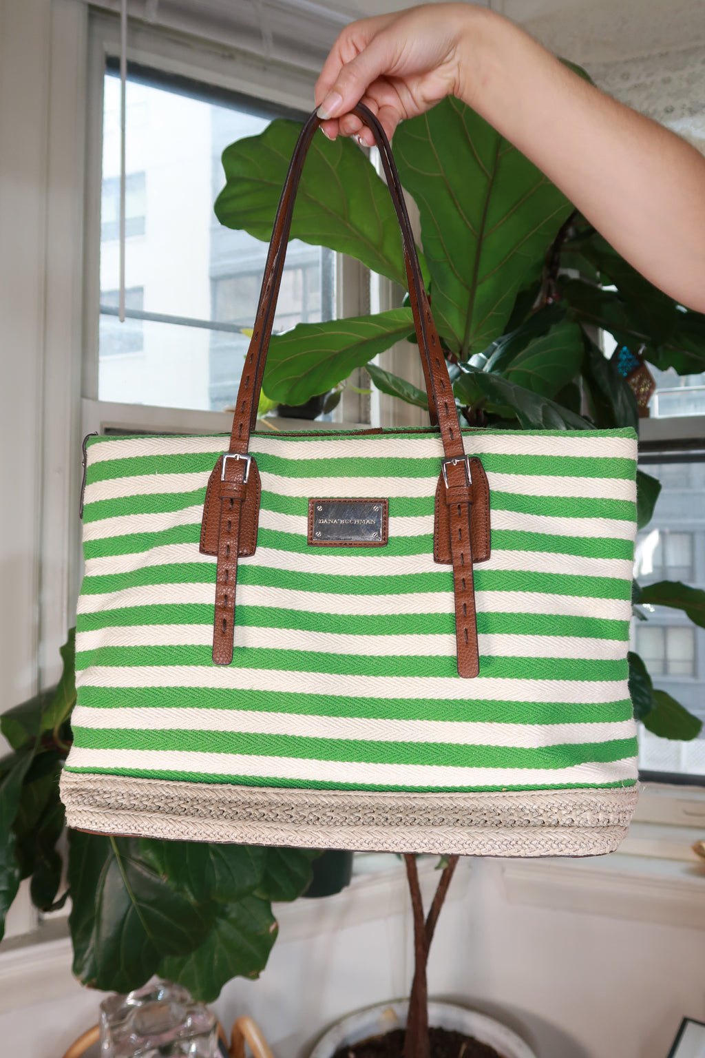 Vintage 2000s Green White Striped Woven Tote Bag Purse