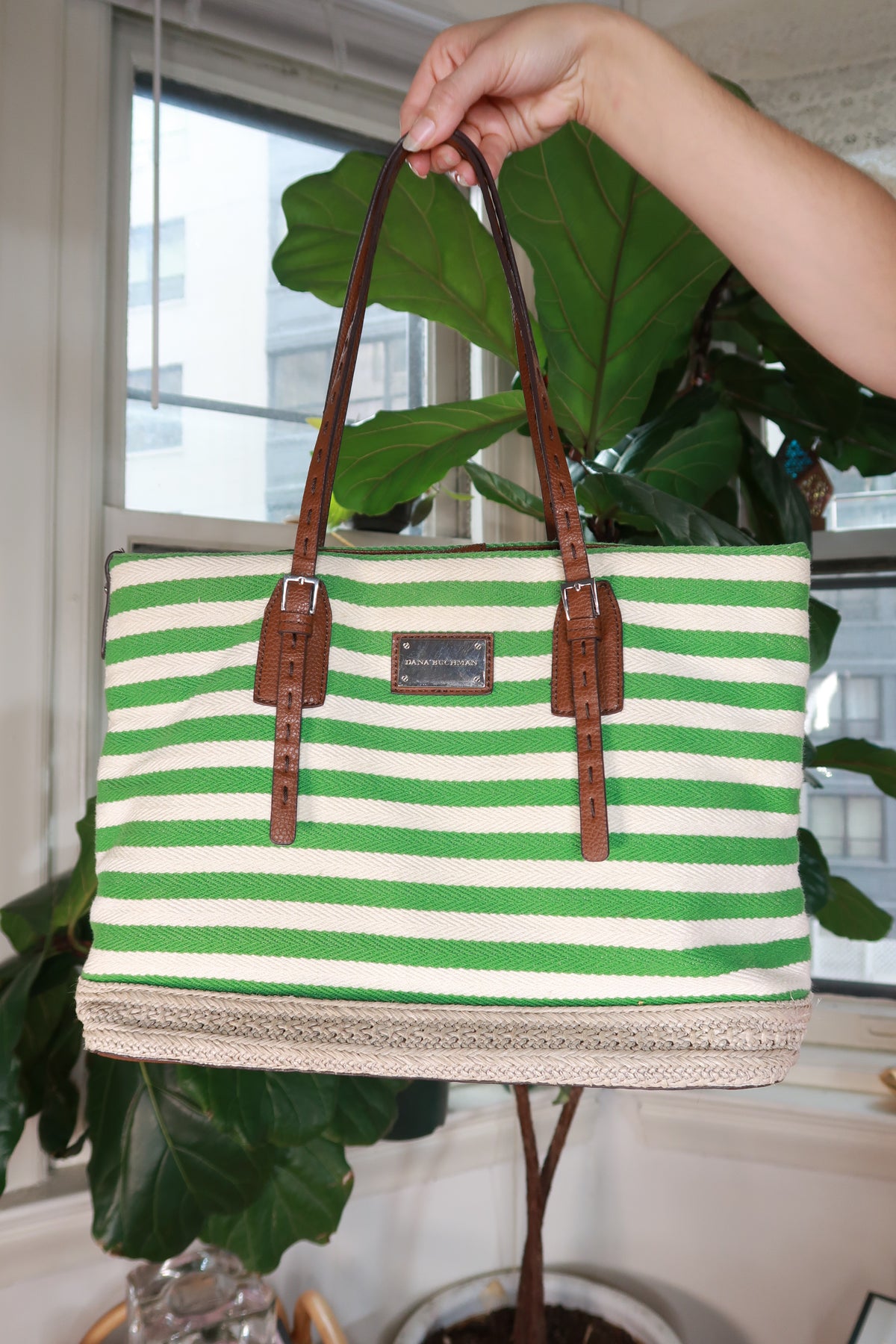 Vintage 2000s Green White Striped Woven Tote Bag Purse