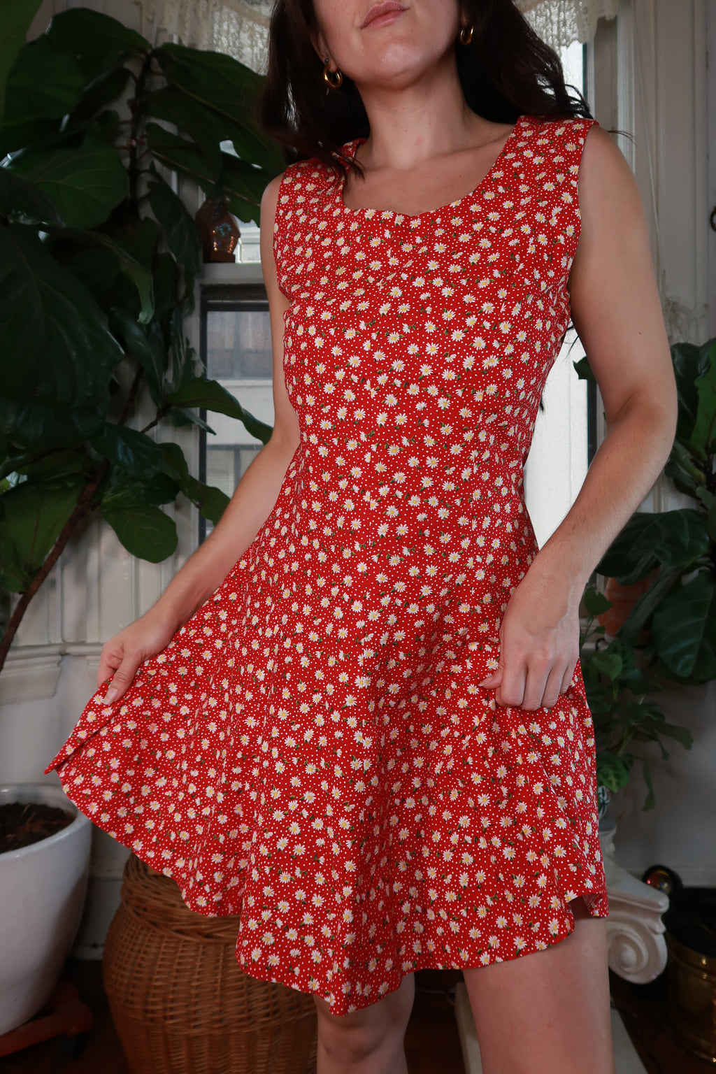 Vintage Red Daisy Print Mini Dress
