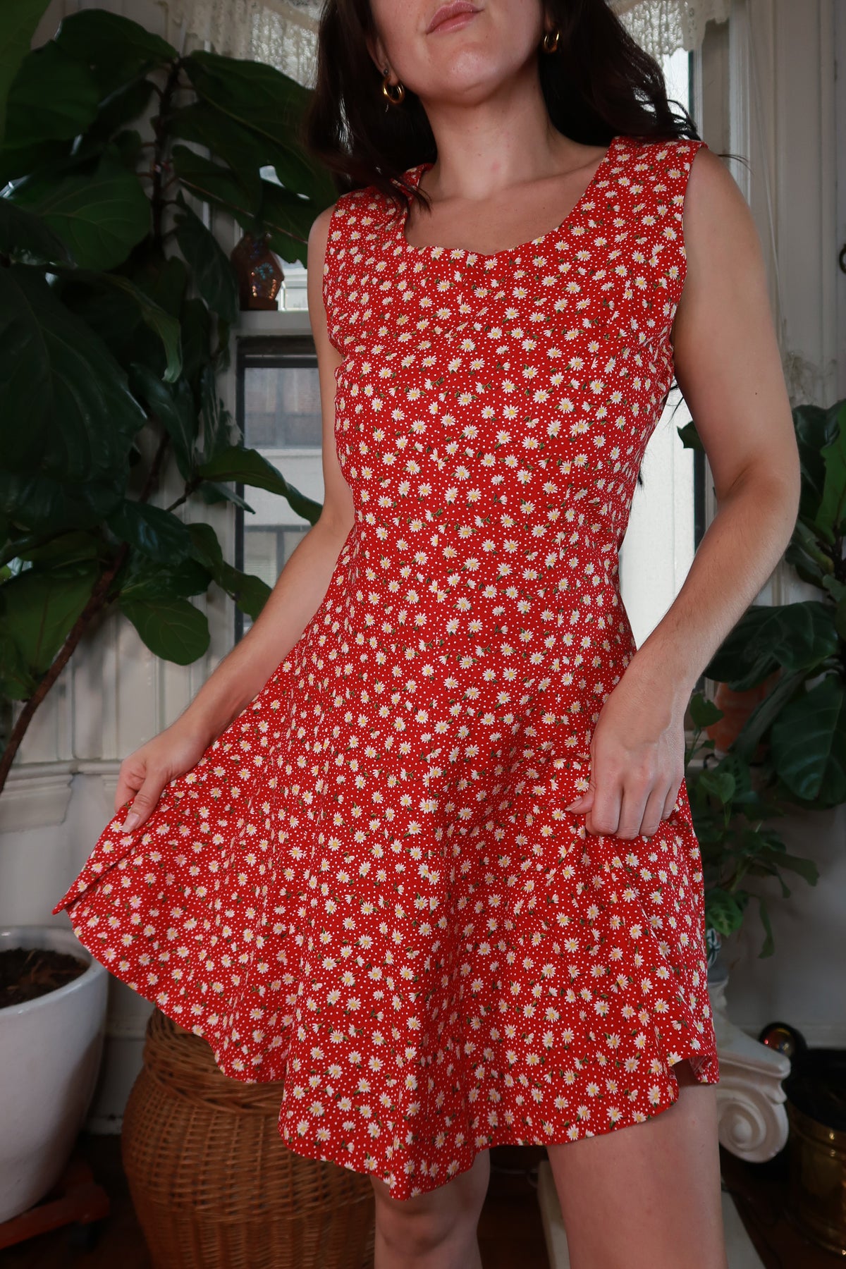Vintage Red Daisy Print Mini Dress