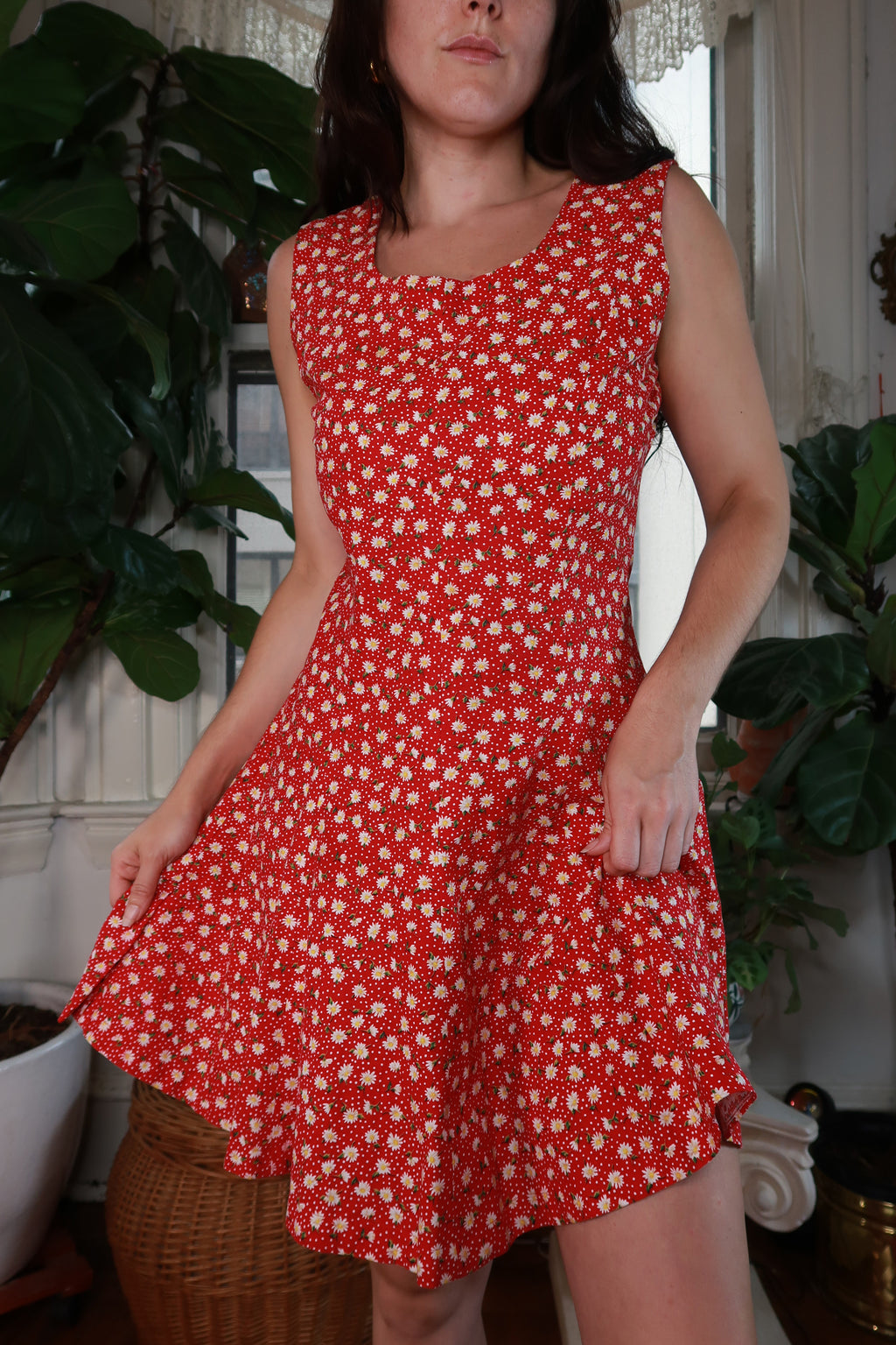 Vintage Red Daisy Print Mini Dress