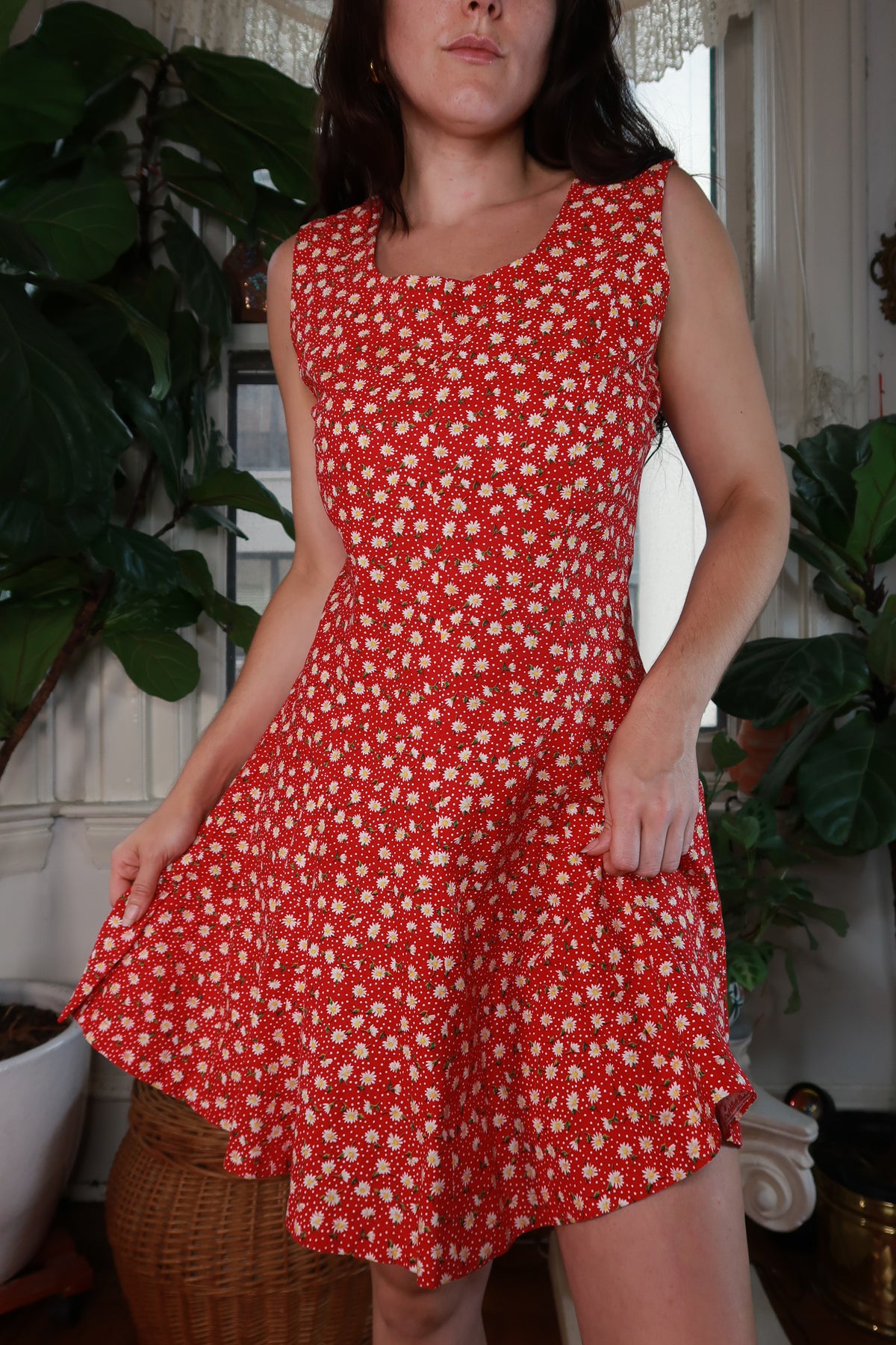 Vintage Red Daisy Print Mini Dress