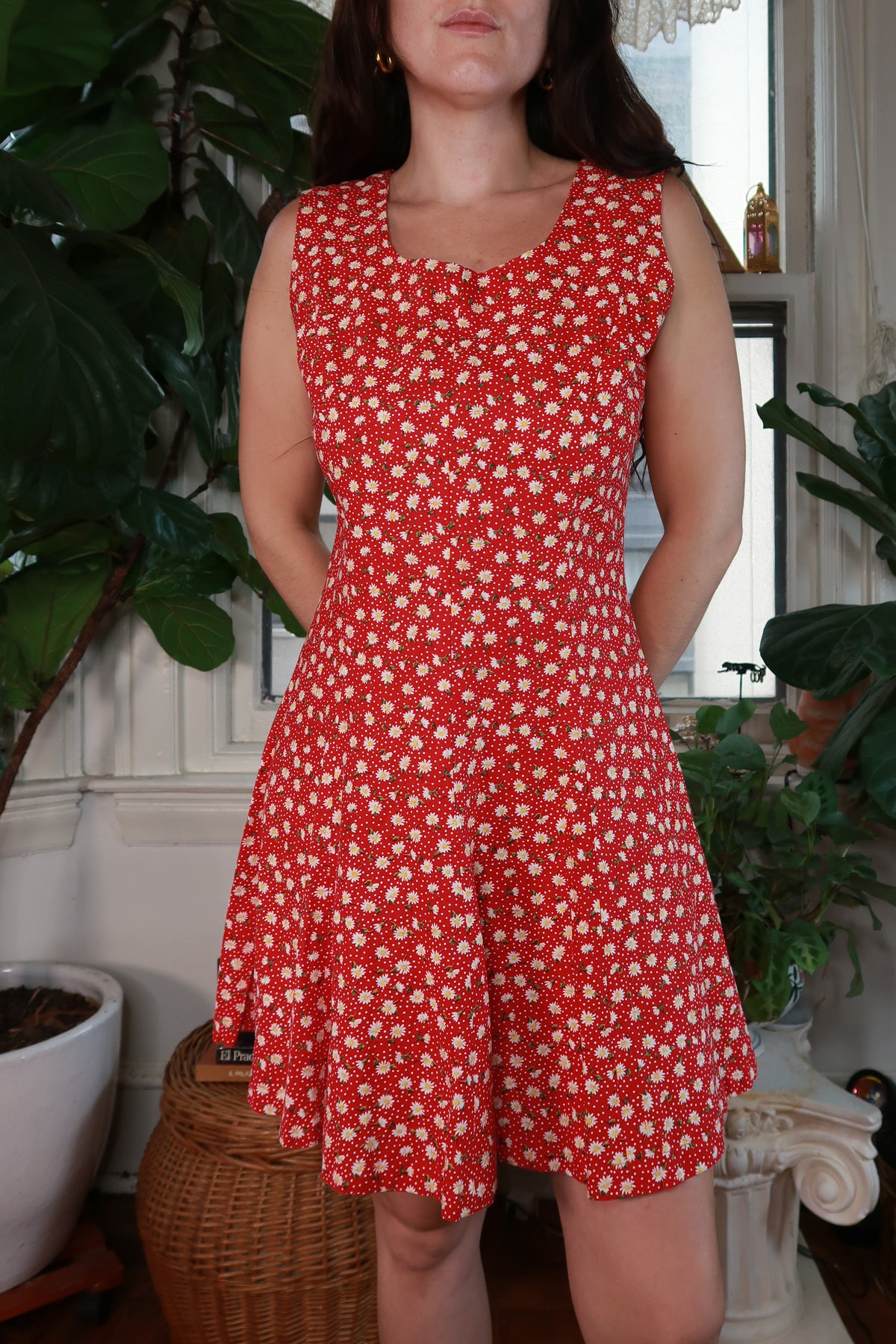 Vintage Red Daisy Print Mini Dress