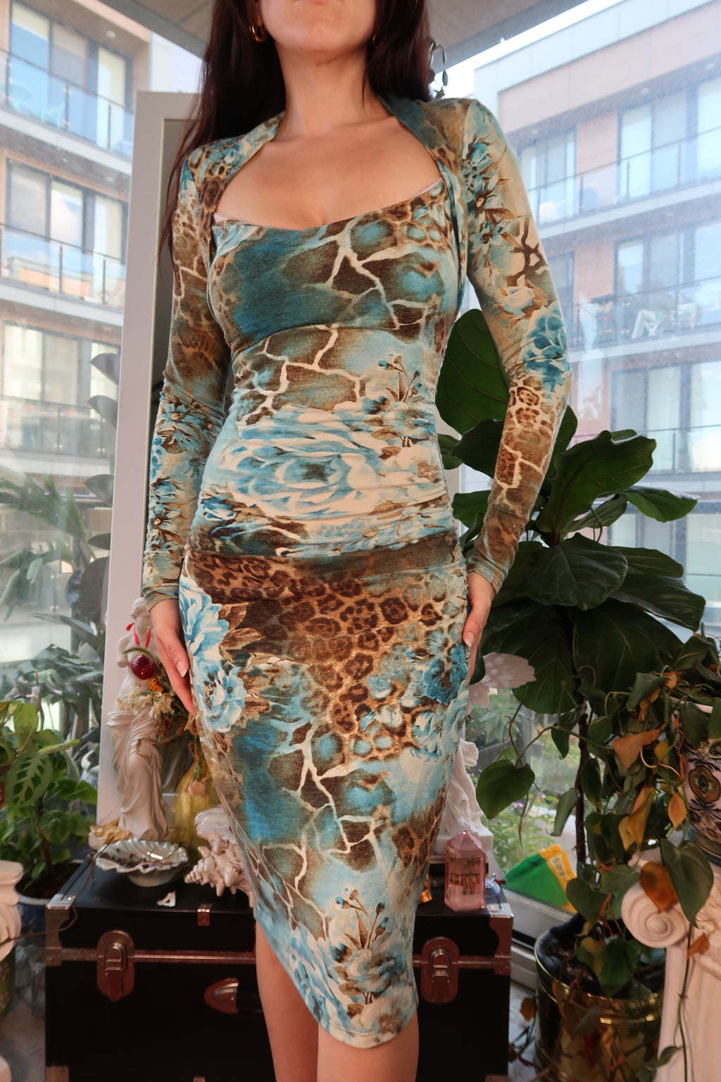 Vintage Y2K Cache Aqua & Leopard Print Bodycon Dress