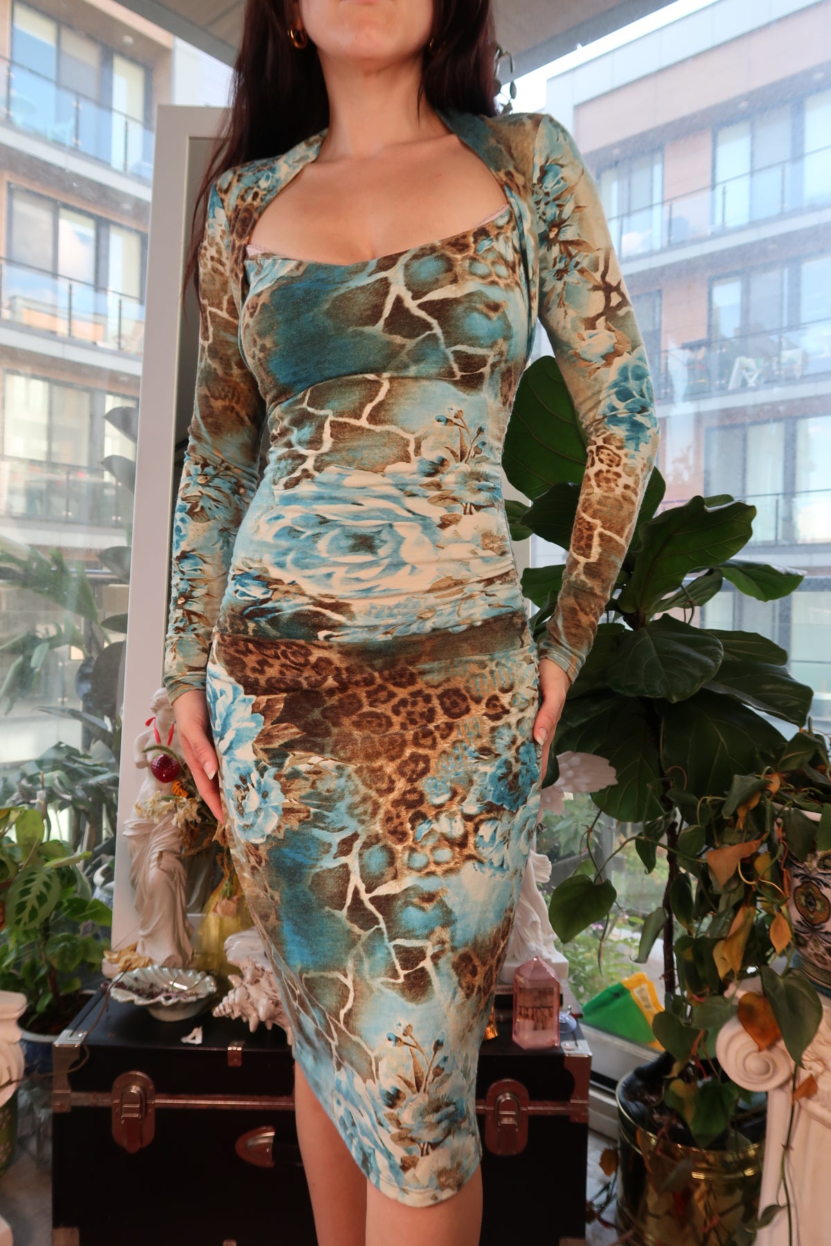 Vintage Y2K Cache Aqua & Leopard Print Bodycon Dress