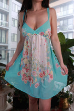 Load image into Gallery viewer, Vintage Oscar de la Renta aqua floral babydoll dress by Elektra Vintage, sheer chiffon mini with Y2K-inspired design.
