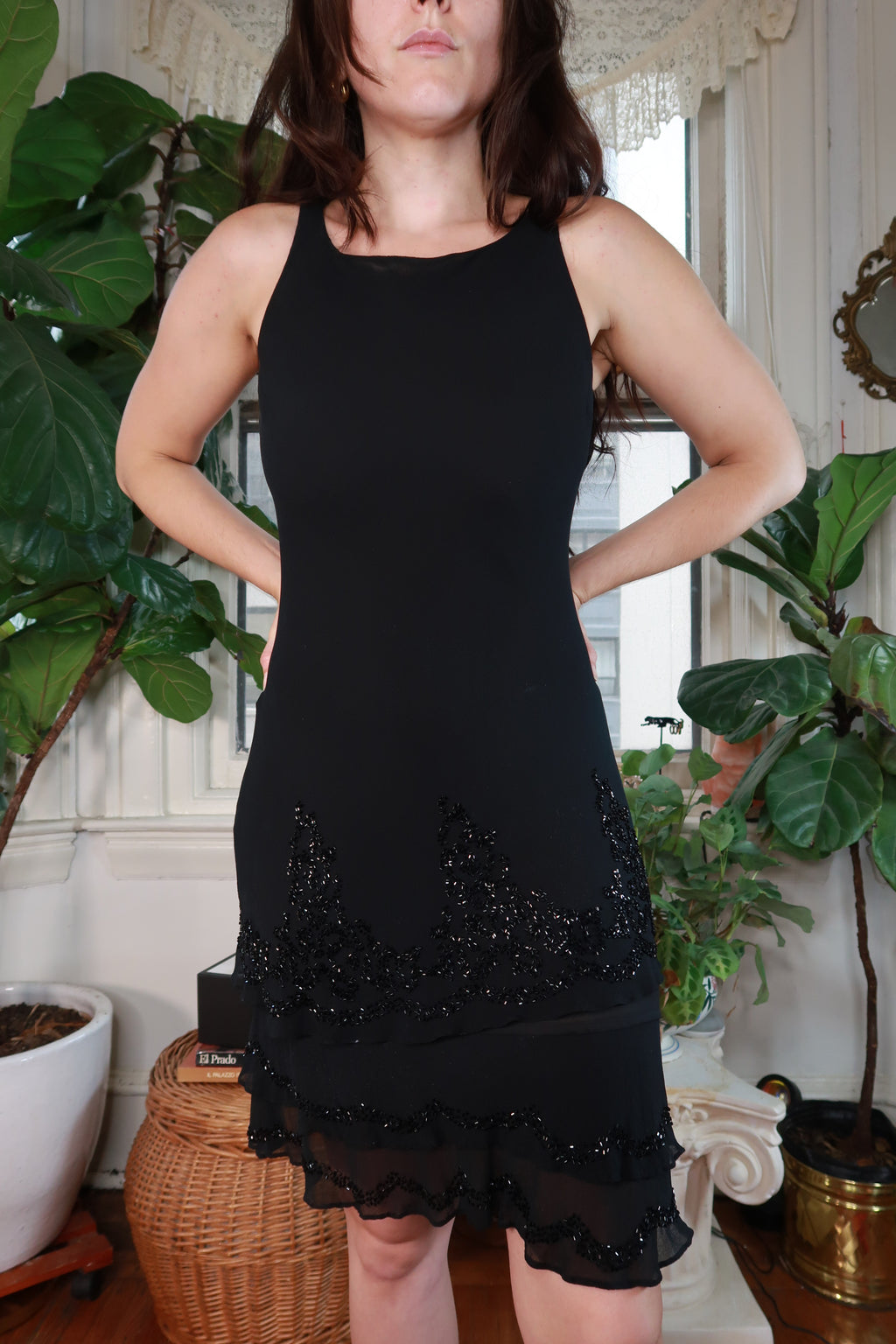 Vintage 100% Silk Black Beaded Tiered Mini Dress