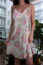 Load image into Gallery viewer, Pink satin slip dress with floral lace trim, vintage 2000s Y2K style mini dress by Elektra Vintage, featuring a rose pattern.
