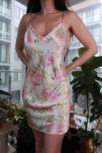 Load image into Gallery viewer, Pink satin slip dress with floral lace trim, vintage 2000s Y2K style, by Elektra Vintage, featuring a mini length and rose design.

