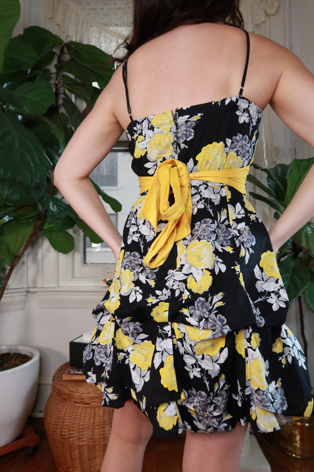 Vintage 2000s Black Yellow Floral Mini Dress