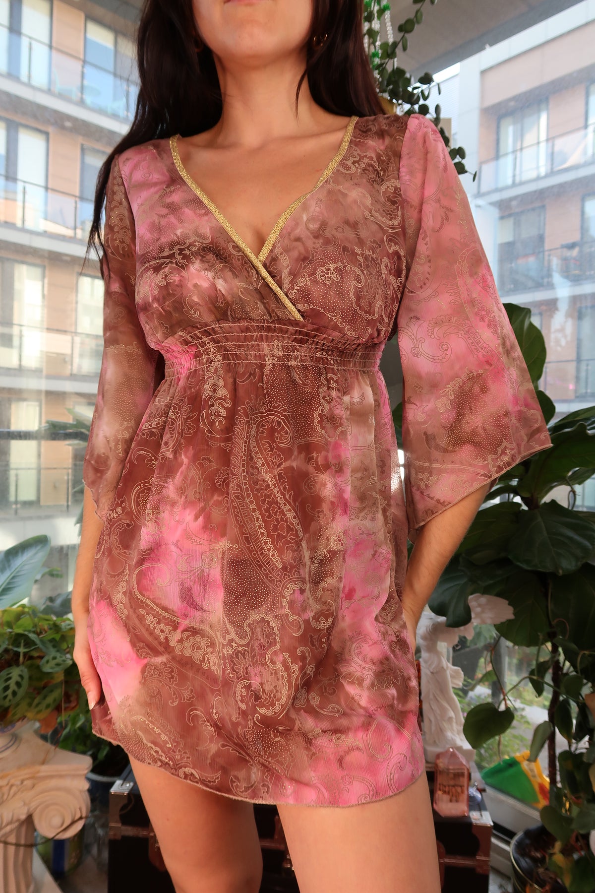 Vintage 2000s Sheer Pink and Bronze Mini Dress
