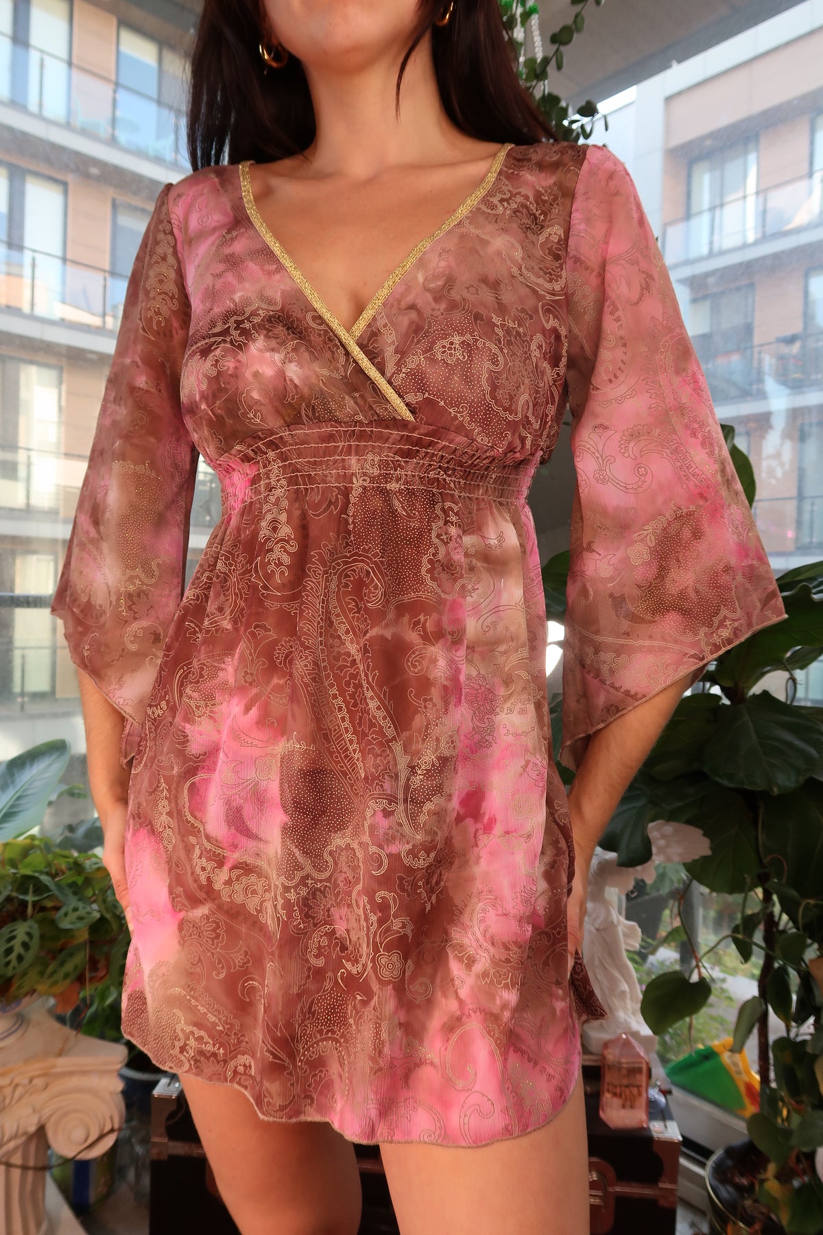 Vintage 2000s Sheer Pink and Bronze Mini Dress