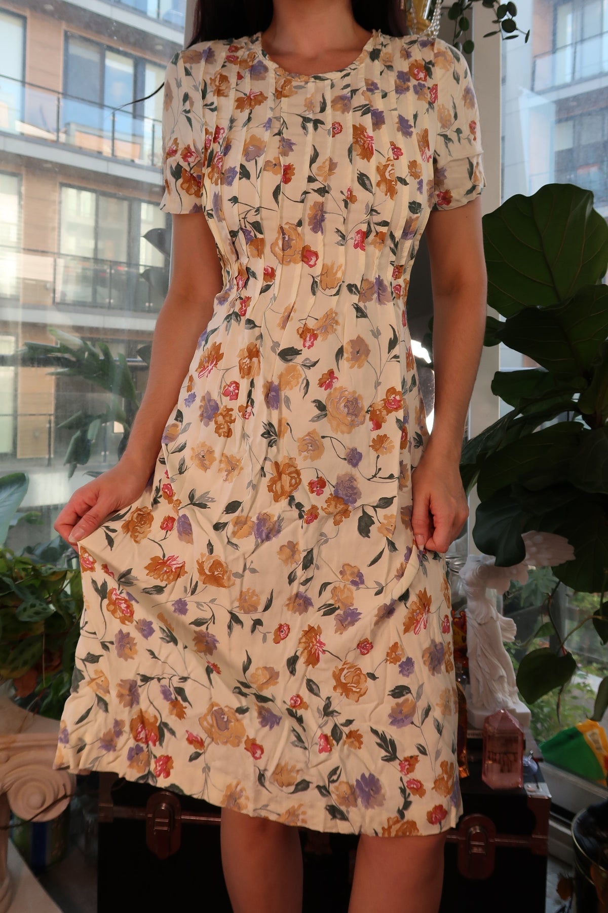 Vintage 90s Floral Pleated Midi Dress