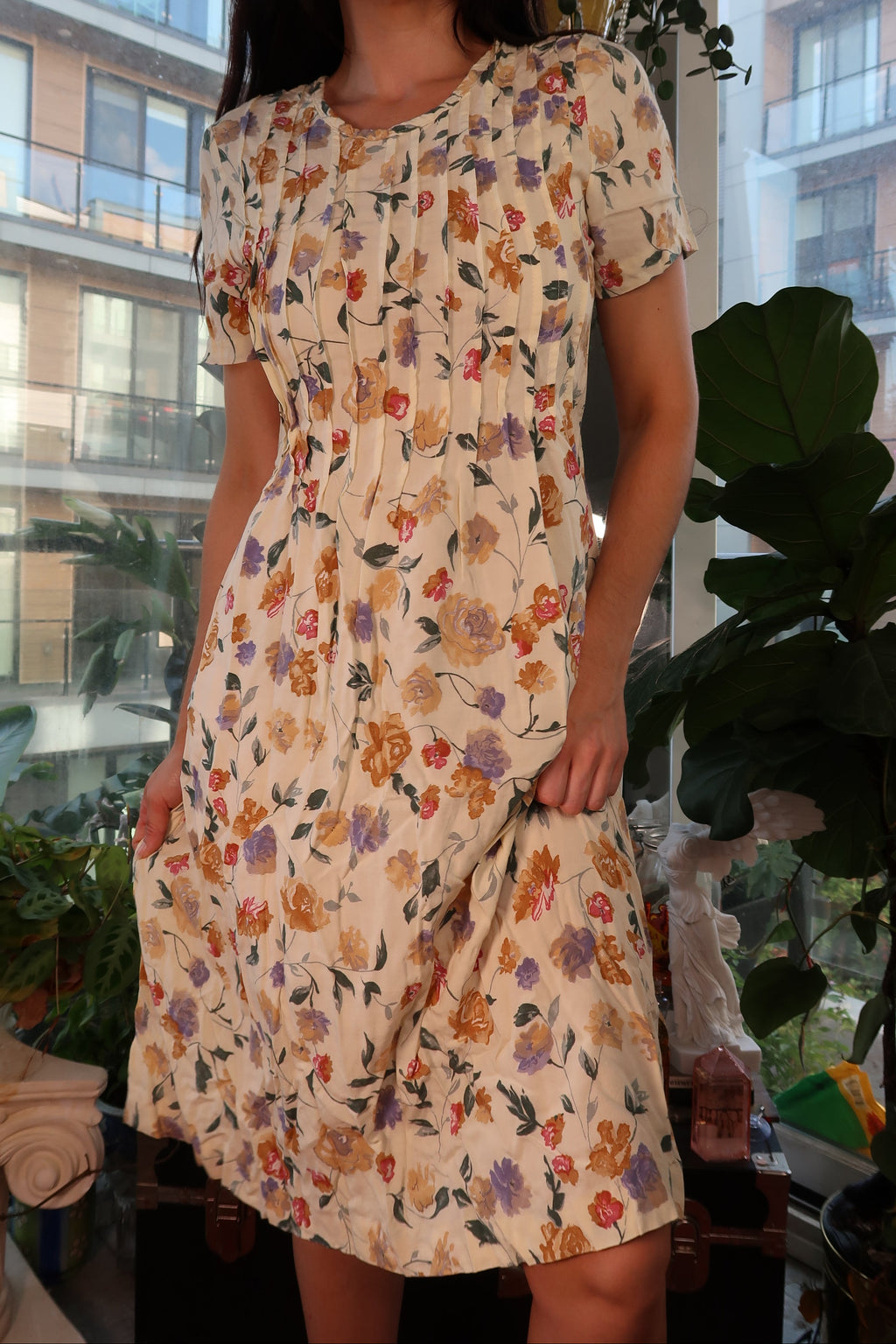 Vintage 90s Floral Pleated Midi Dress
