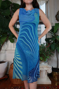 NWT Vintage 2000s Blue Green Swirl Cowl Neck Abstract Dress