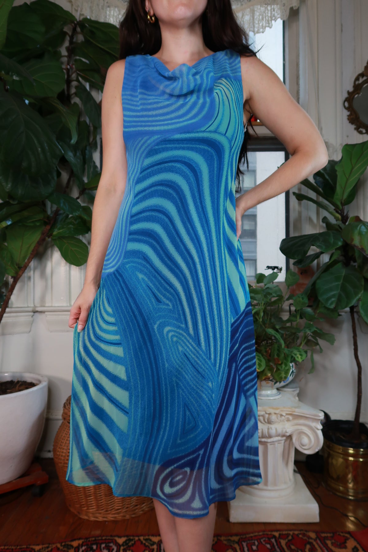 NWT Vintage 2000s Blue Green Swirl Cowl Neck Abstract Dress