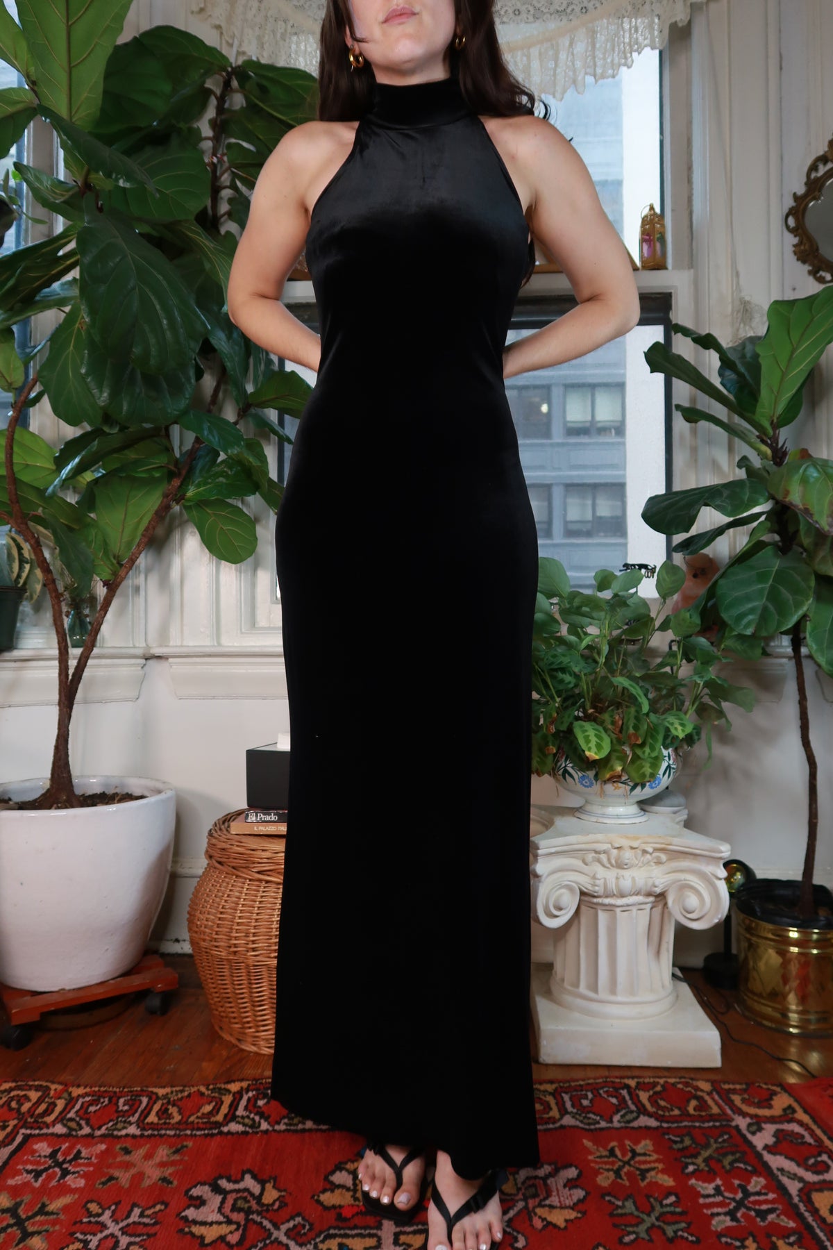 Vintage Ralph Lauren black velvet gown by Elektra Vintage, featuring a flowing dress with elegant long sleeves and classic silhouette.