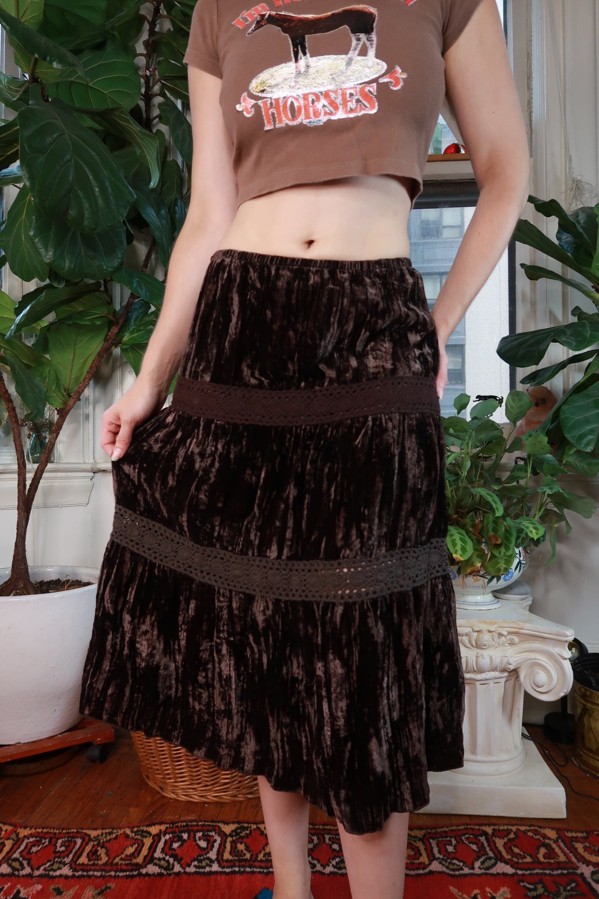 Vintage Brown Crushed Velvet Midi Skirt