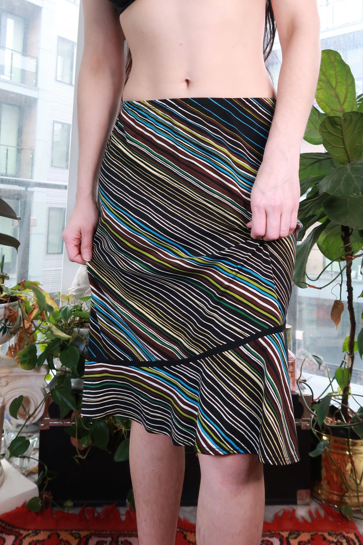 Vintage multicolor stripe asymmetrical skirt with ruffle hem, Y2K bias cut midi skirt by Elektra Vintage.