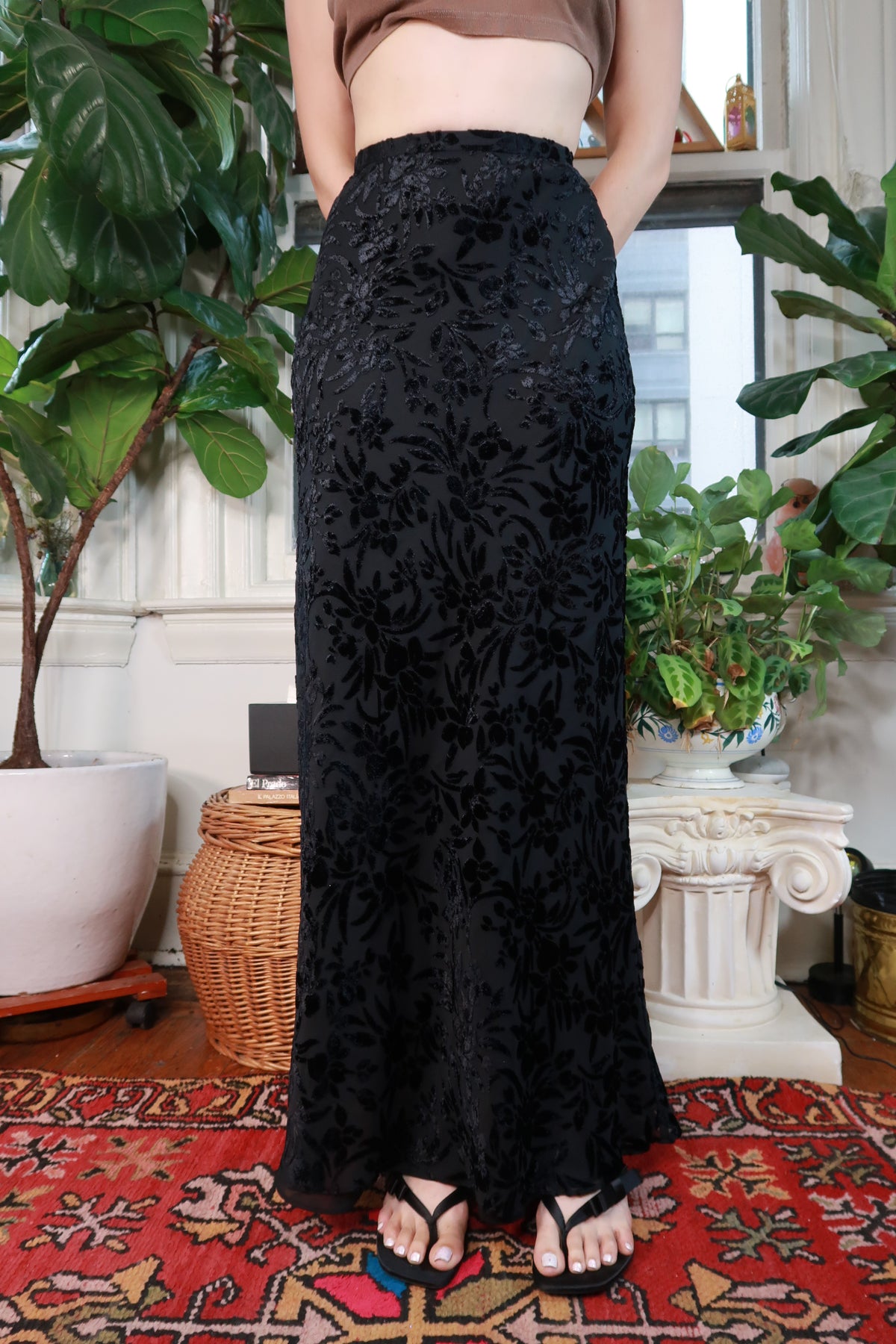 Vintage Black Burnout Velvet Floral Maxi Skirt