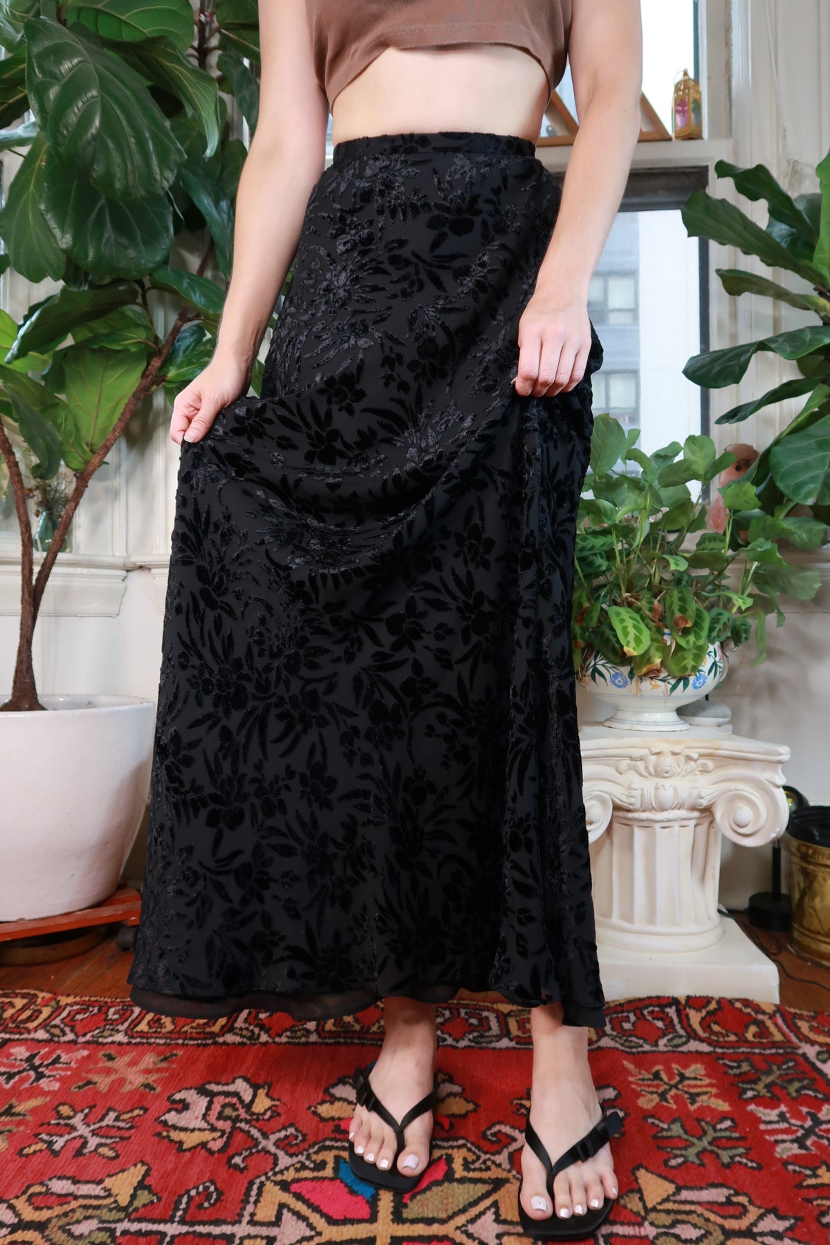 Vintage Black Burnout Velvet Floral Maxi Skirt