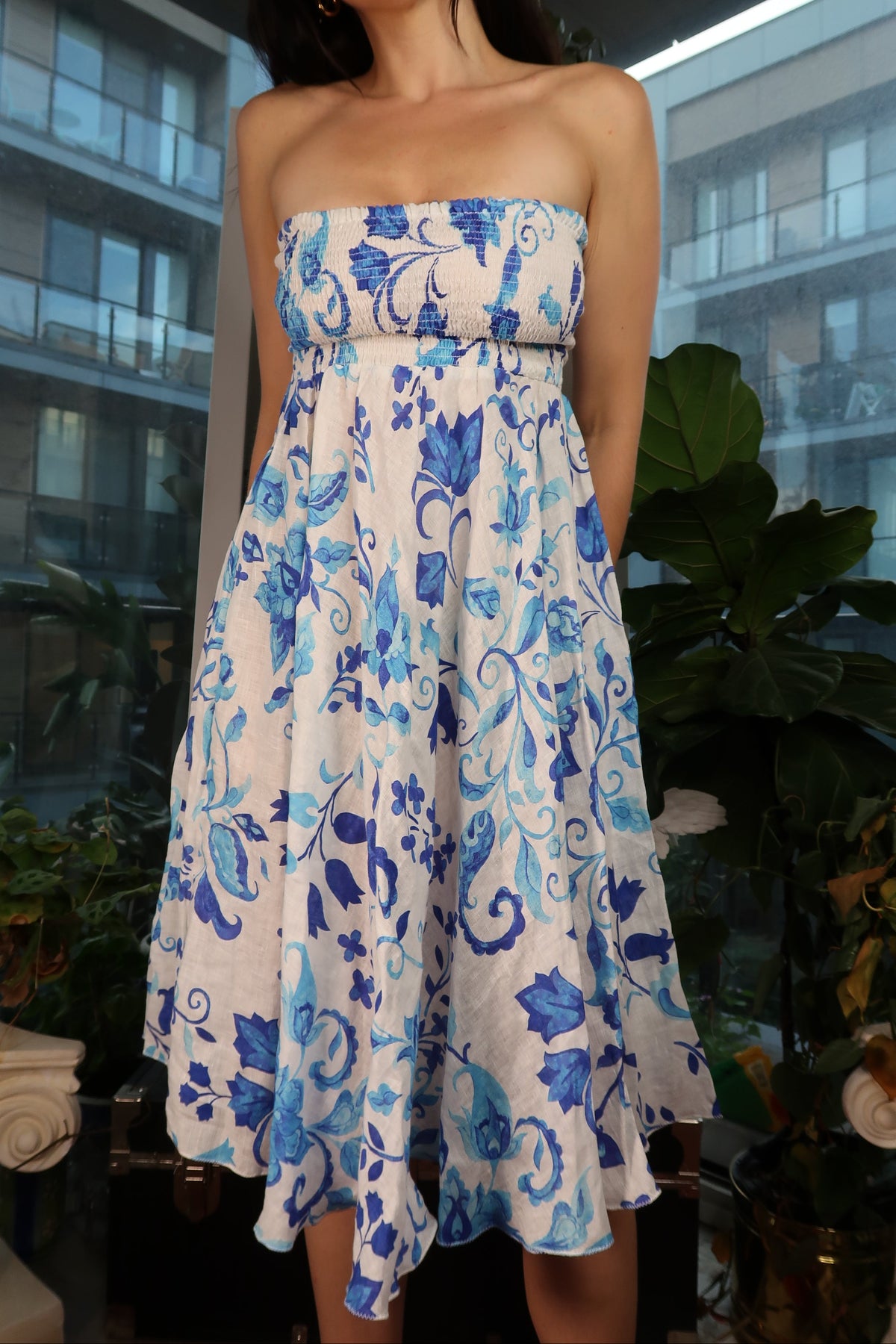 Blue and White Floral 100% Linen Strapless Smocked Dress