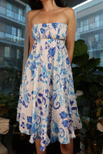 Load image into Gallery viewer, Blue and White Floral 100% Linen Strapless Smocked Dress
