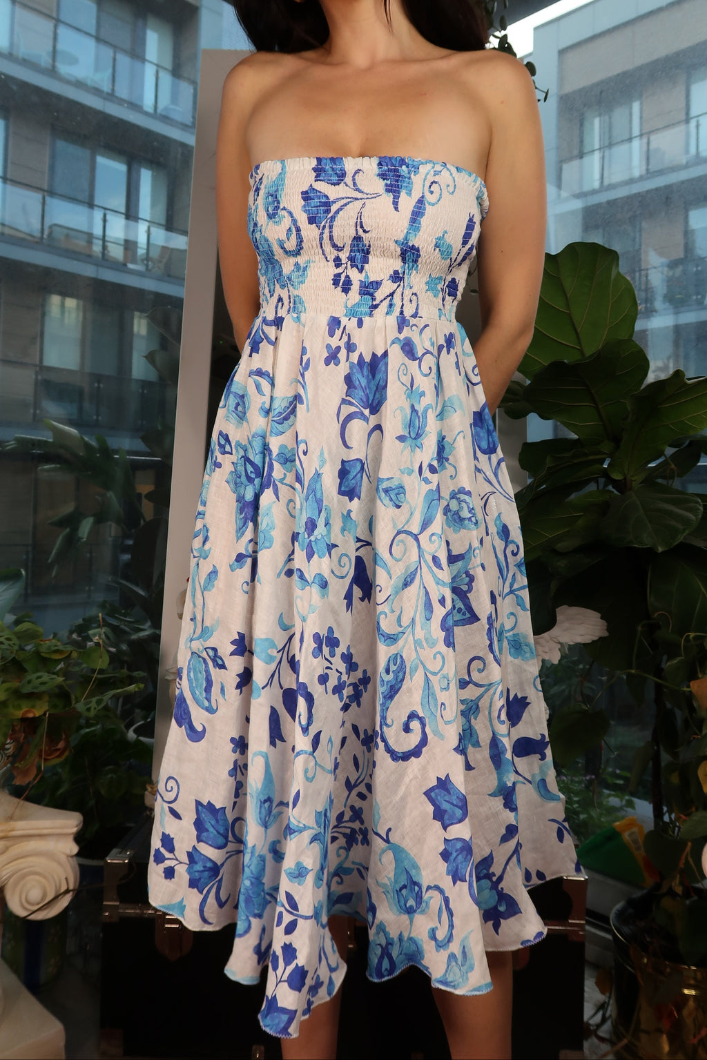 Blue and White Floral 100% Linen Strapless Smocked Dress