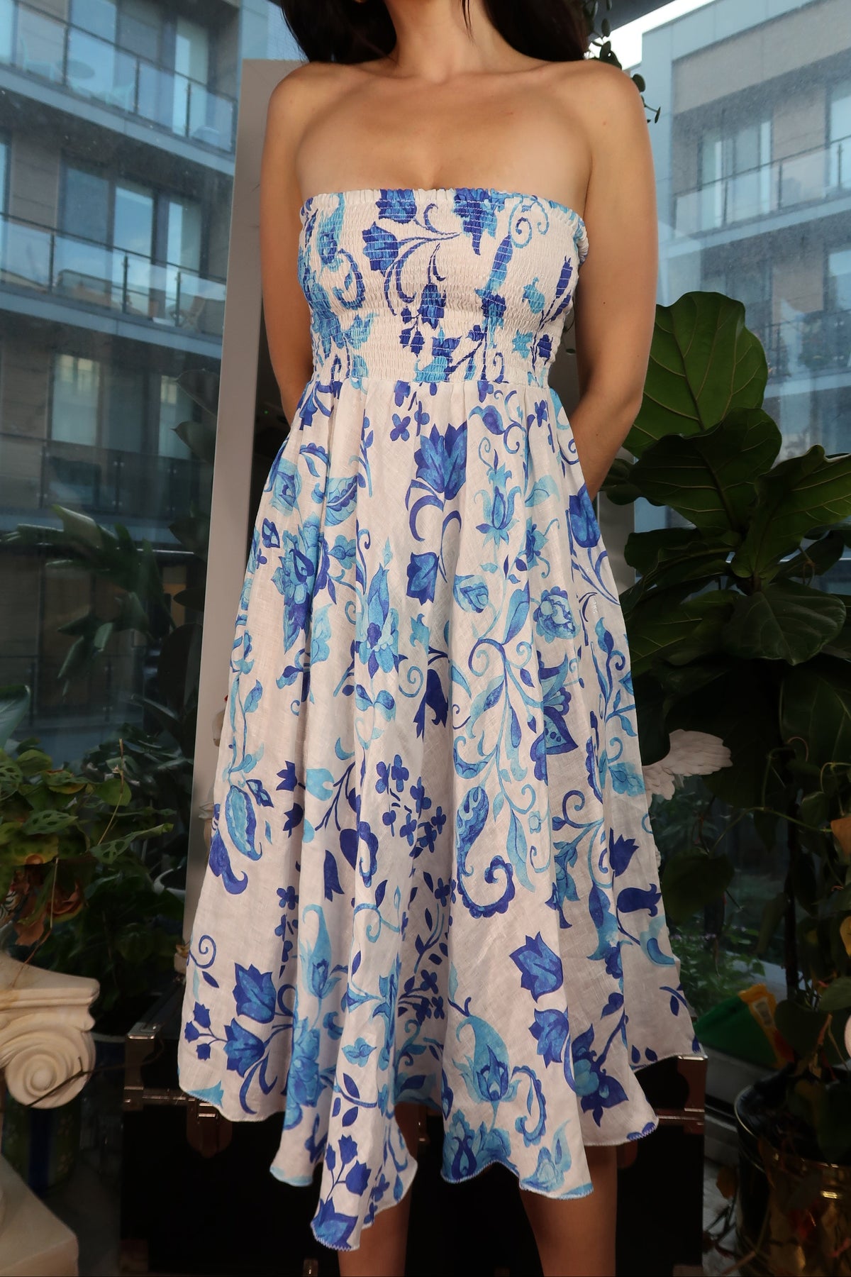 Blue and White Floral 100% Linen Strapless Smocked Dress