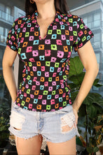 Load image into Gallery viewer, Vintage 90s Geometric Checker Stretch Scrunchie Polo Top
