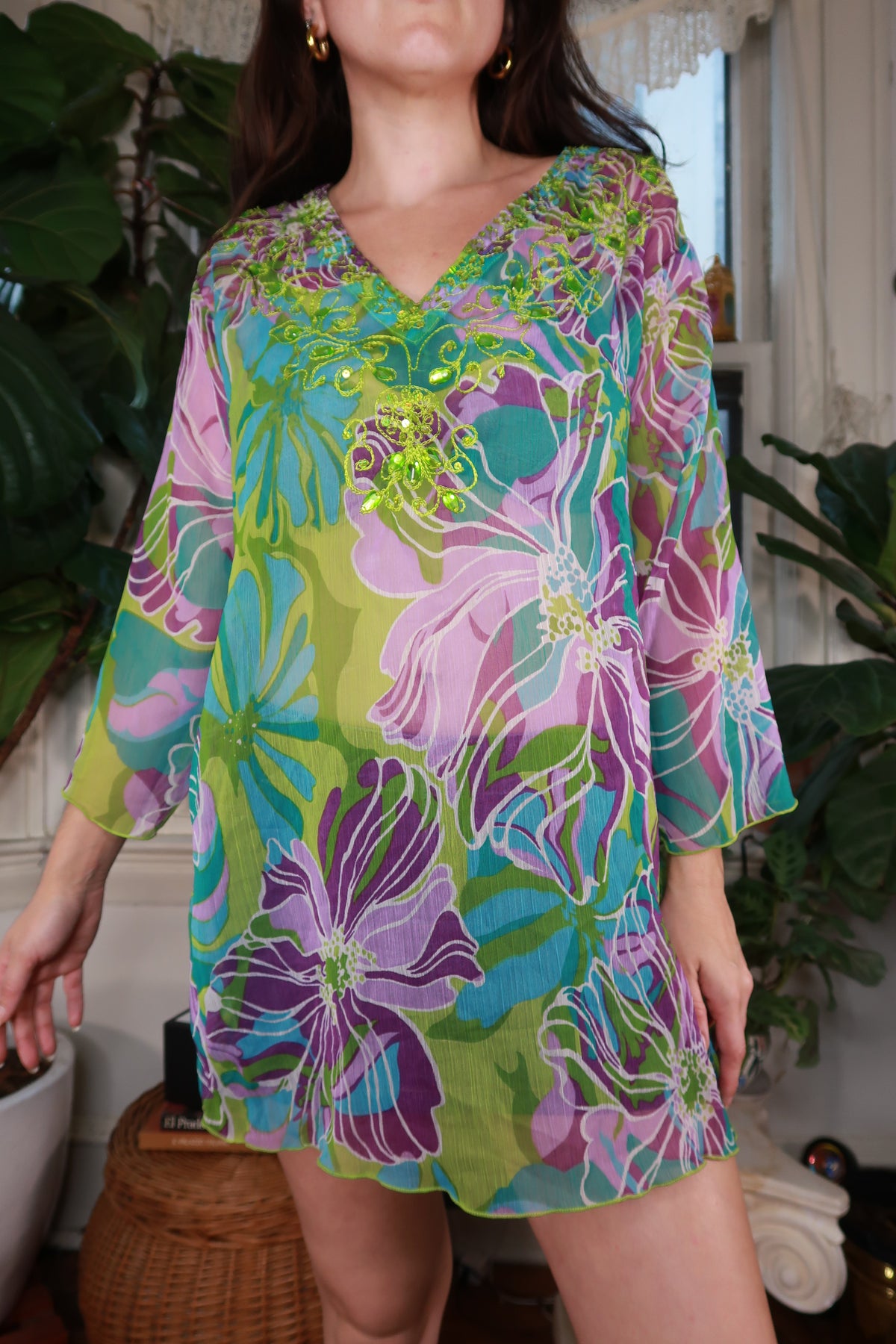 Vintage 2000s Tropical Floral Sheer Tunic Dress