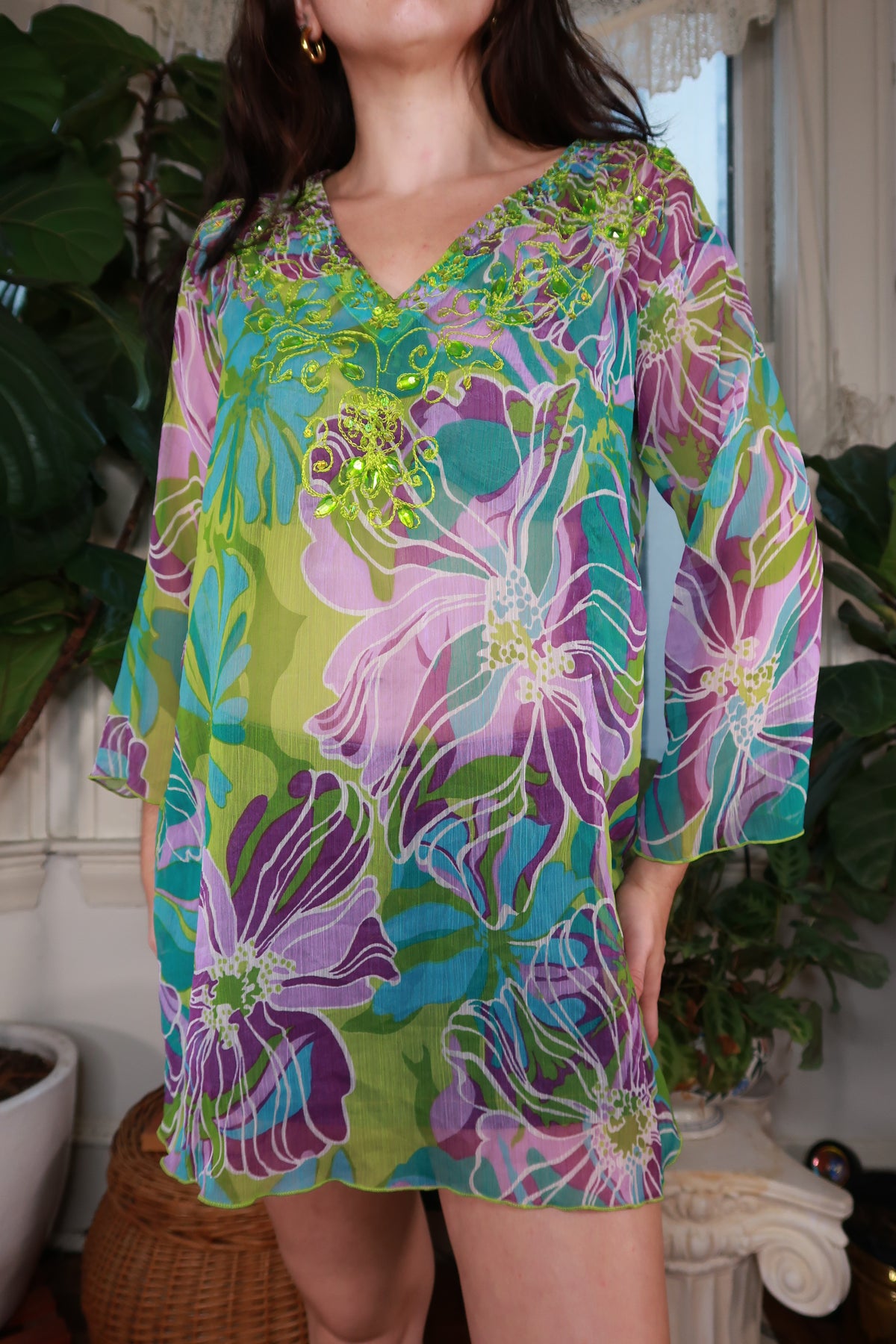 Vintage 2000s Tropical Floral Sheer Tunic Dress