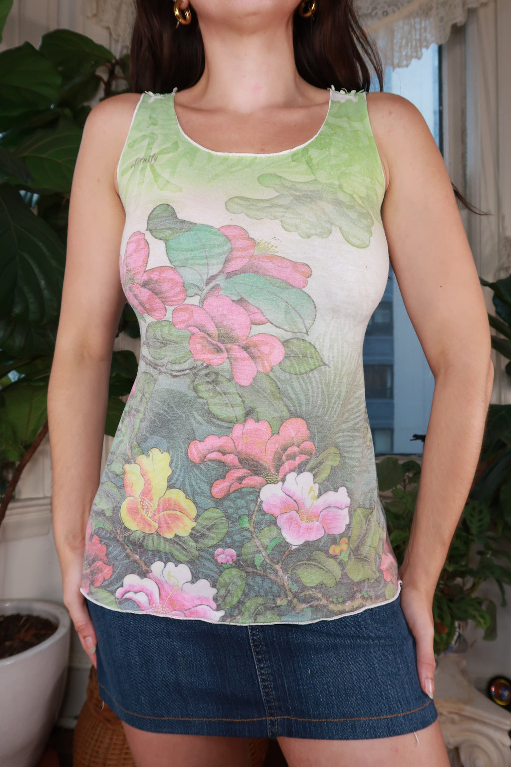 Vintage Floral Mesh Lace Back Tank Top