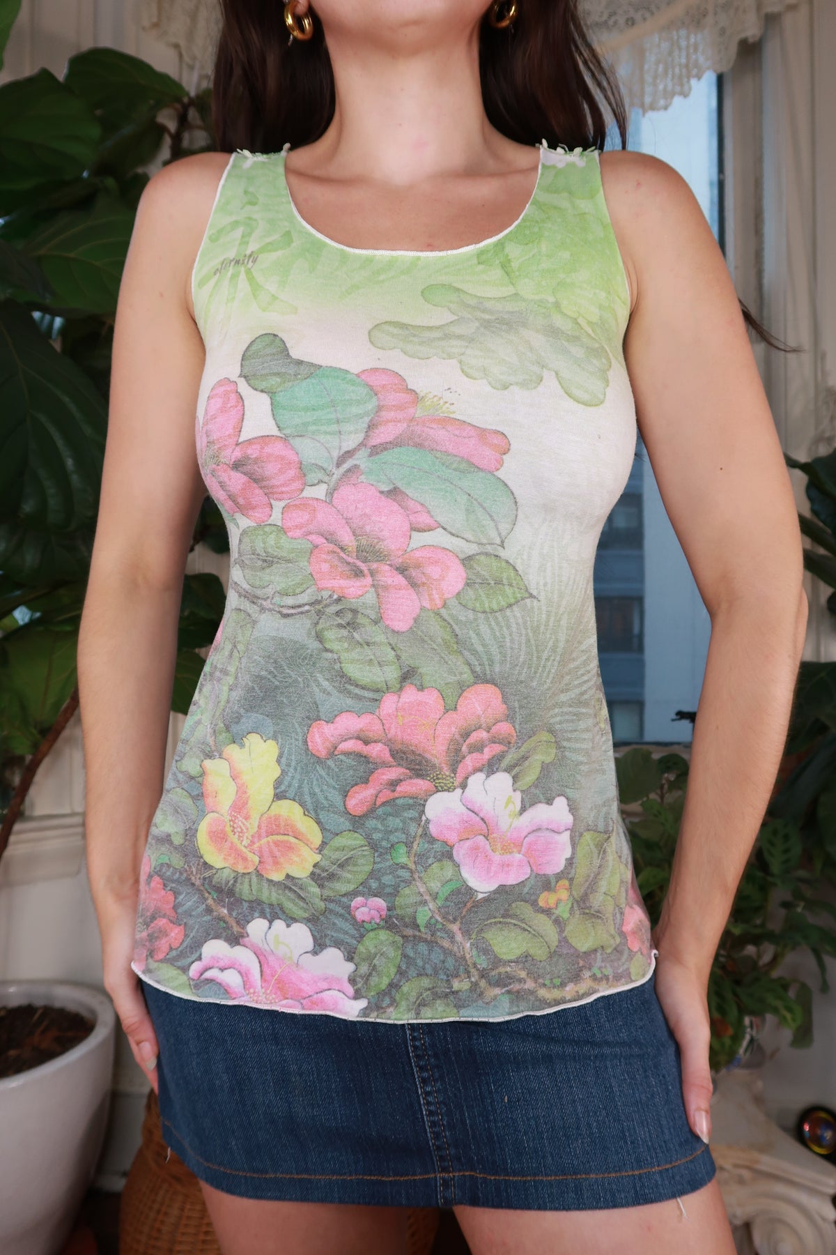 Vintage Floral Mesh Lace Back Tank Top