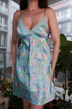 Load image into Gallery viewer, Vintage aqua floral lace trim slip dress by Elektra Vintage, featuring satin mini nightgown style and Y2K-inspired design.
