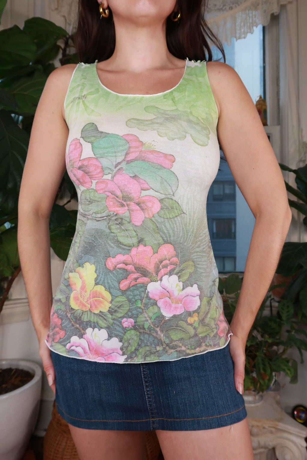 Vintage Floral Mesh Lace Back Tank Top