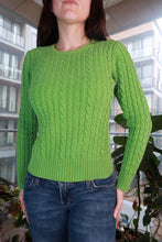 Load image into Gallery viewer, Vintage 2000s GAP green cable knit sweater for women, fitted cotton crewneck knit pullover with Y2K style.
