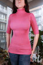 Load image into Gallery viewer, Vintage 1970s pink ribbed turtleneck top by Elektra Vintage, fitted women's knit with half sleeves, retro style.
