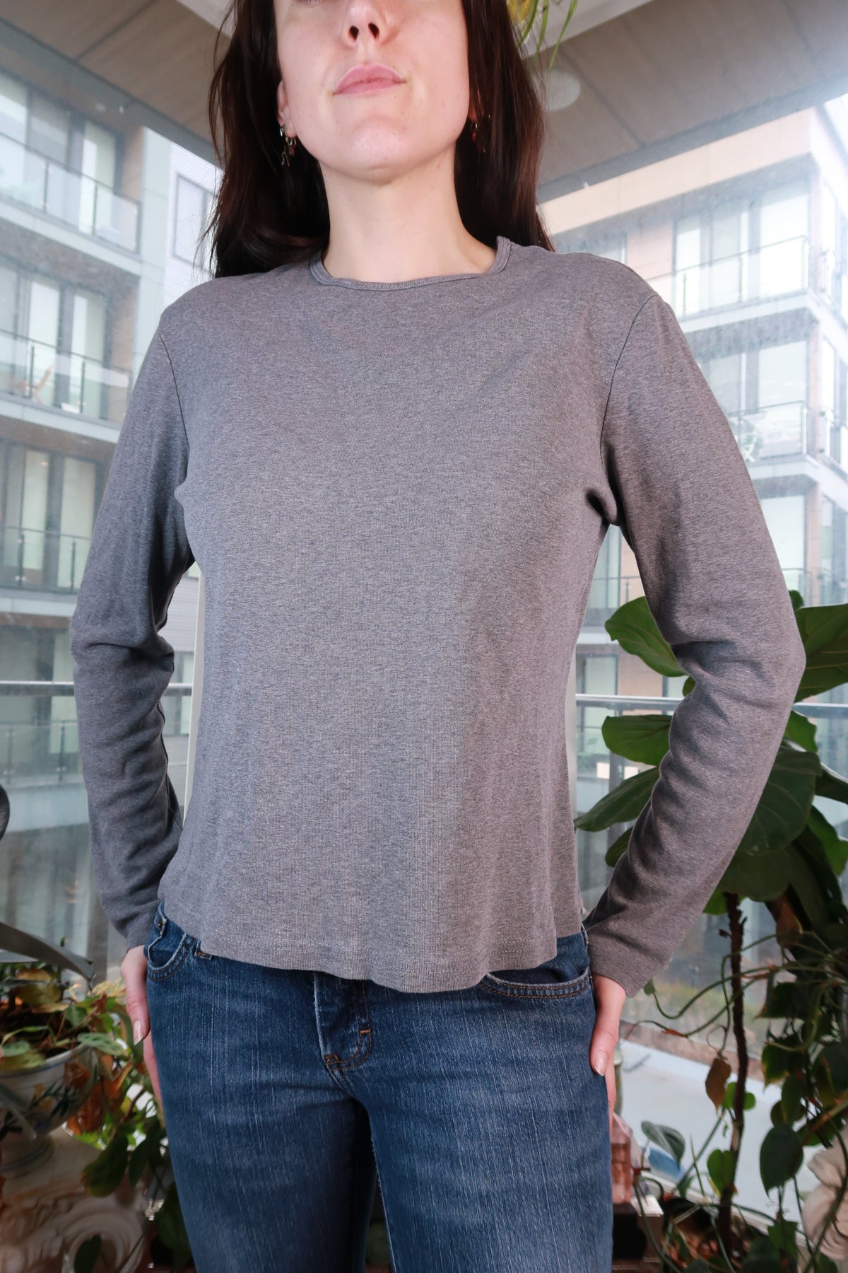 Vintage Cotton Gray Long Sleeve Top – Y2K Soft Minimalist Crewneck Cotton Shirt