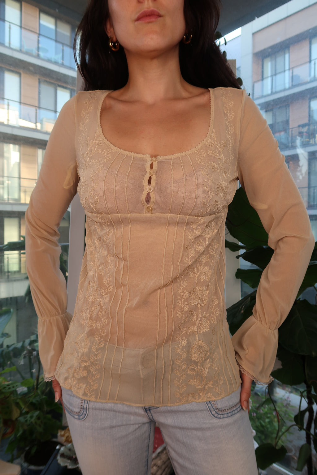 Vintage Express Sheer Embroidered Boho Top with Bell Sleeves