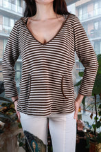 Load image into Gallery viewer, Vintage brown and cream striped knit top by Elektra Vintage, long sleeve V-neck women's sweater with ribbed texture.
