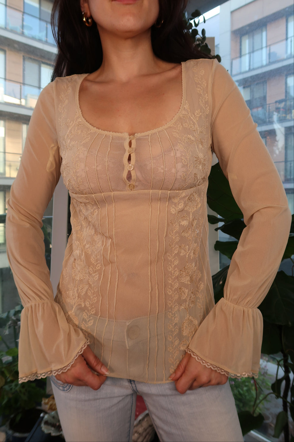 Vintage Express Sheer Embroidered Boho Top with Bell Sleeves