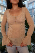 Vintage Express Sheer Embroidered Boho Top with Bell Sleeves