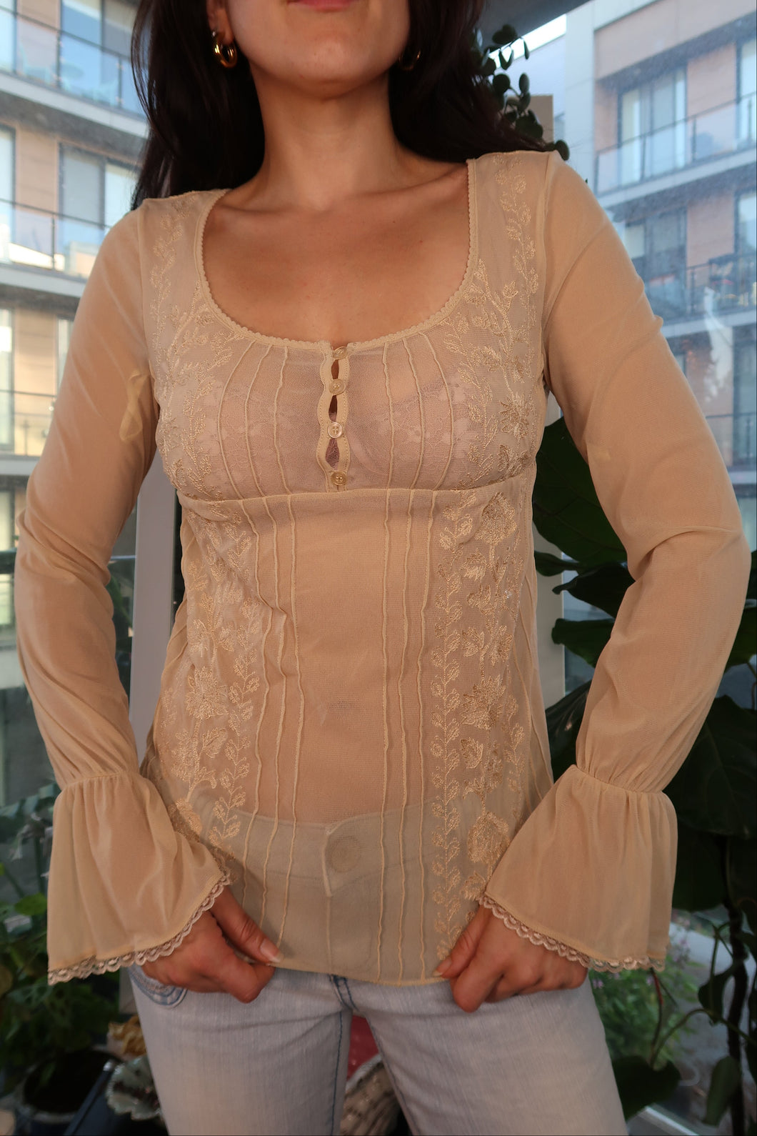 Vintage Express Sheer Embroidered Boho Top with Bell Sleeves