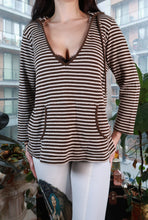 Load image into Gallery viewer, Women's vintage brown and cream striped knit top by Elektra Vintage, Y2K ribbed V-neck long sleeve sweater.
