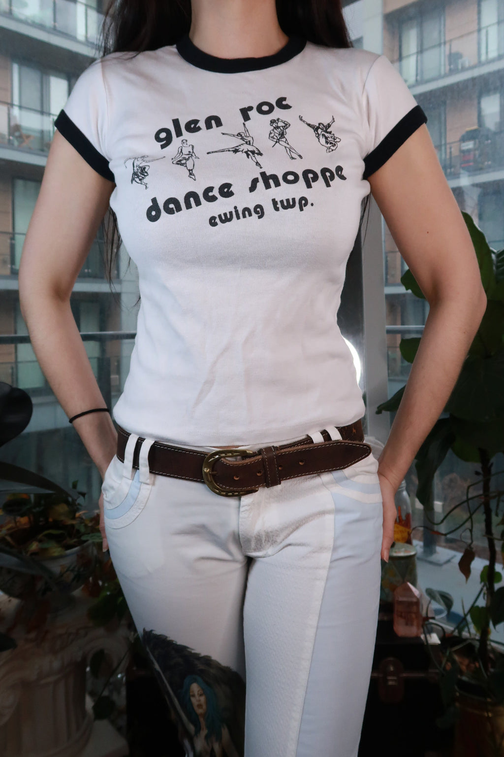 Elektra Vintage vintage Glen Roc Dance Shoppe Y2K graphic ringer tee for women, with colorful retro dance design on cotton top.