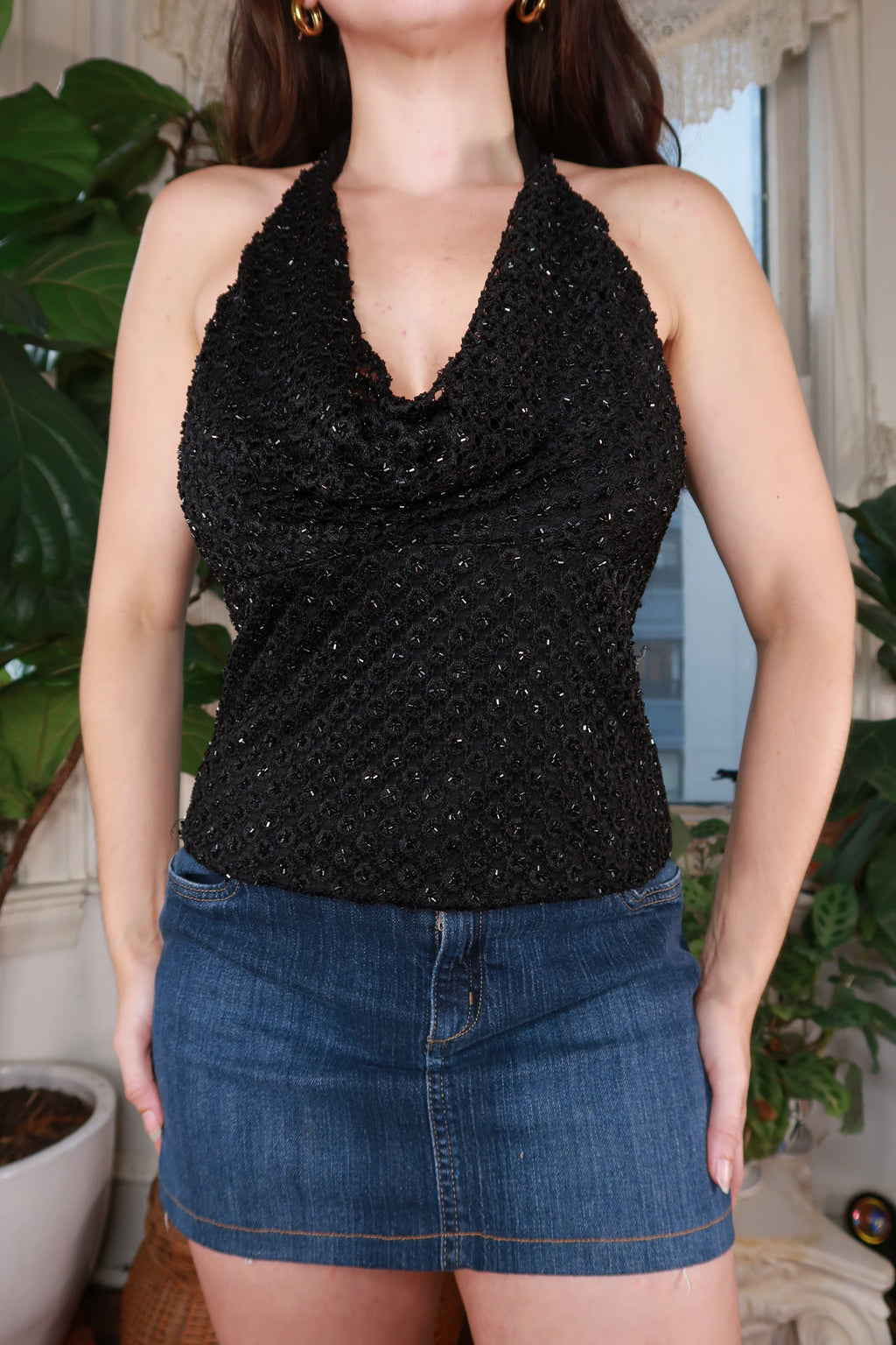 Vintage Black Beaded Cowl Neck Halter Top
