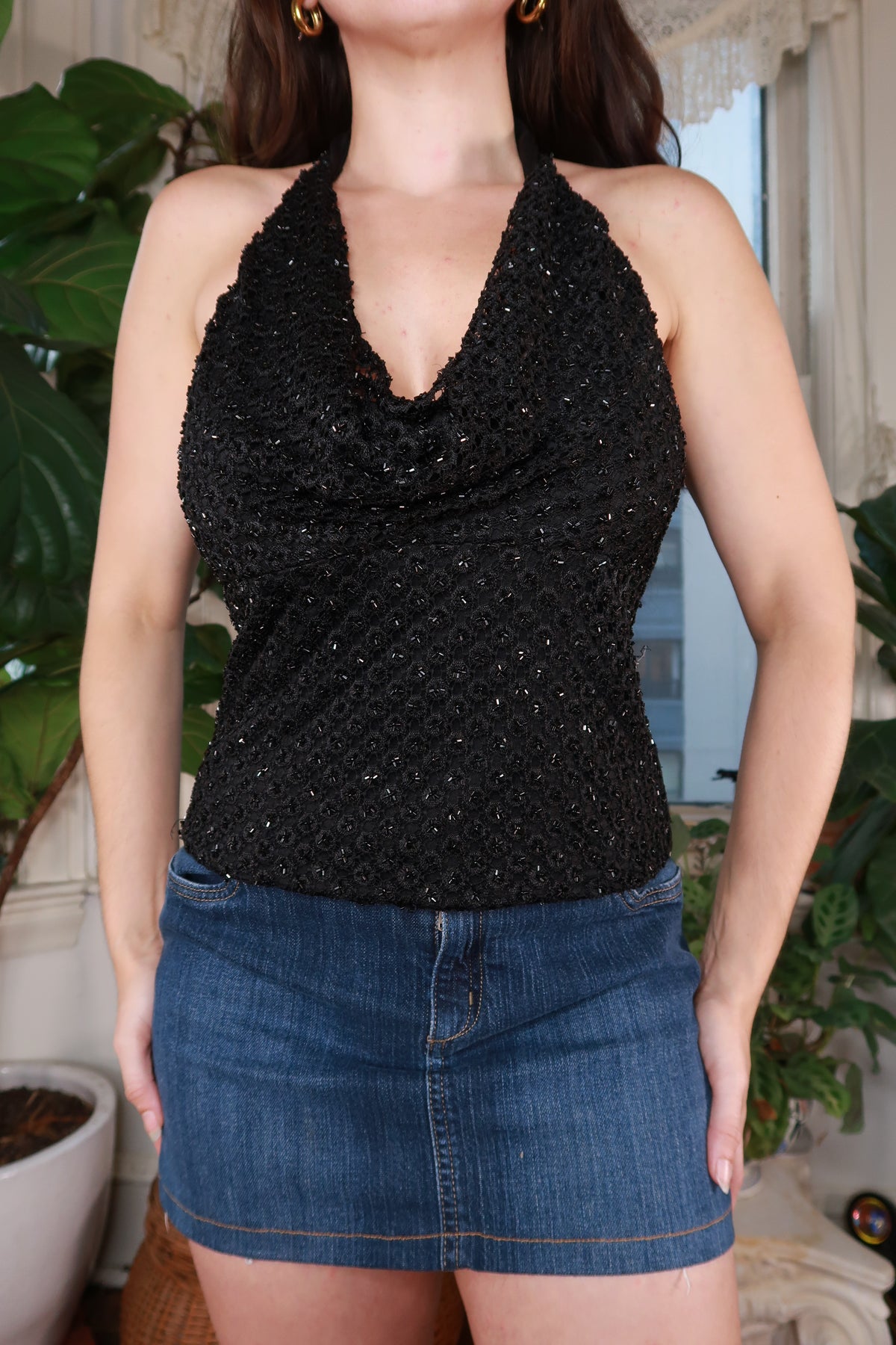 Vintage Black Beaded Cowl Neck Halter Top