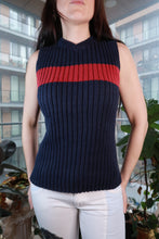 Load image into Gallery viewer, Vintage 2000s navy ribbed knit tank top with red stripes, sleeveless mock neck, women's top from Elektra Vintage.
