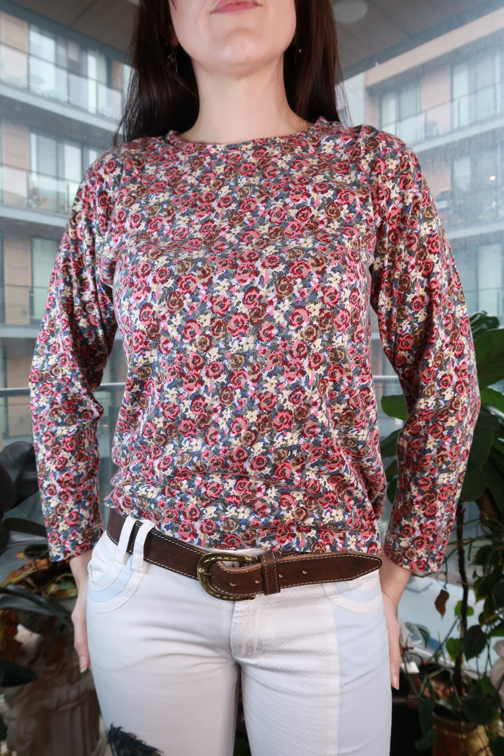 Elektra Vintage floral long sleeve top with micro floral print, fitted crewneck, 2000s Y2K style for women, casual fashion.
